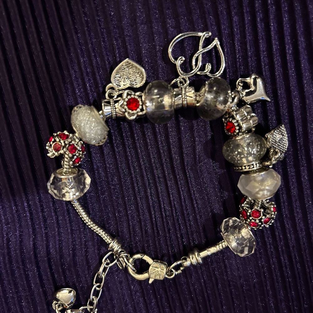 Elegant Silver and Red Charm Bracelet